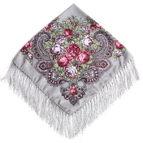 Gray Ethnic Style Retro Tassel Square Scarf Flower Pattern Headscarf Scarf, Size:90 x 90cm