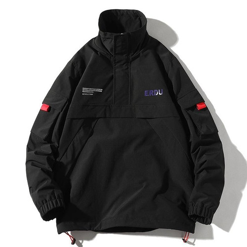 Letters Printed Stand Collar Pullover Coat Loose Casual Jacket for Men (Color:Black Size:XXL)