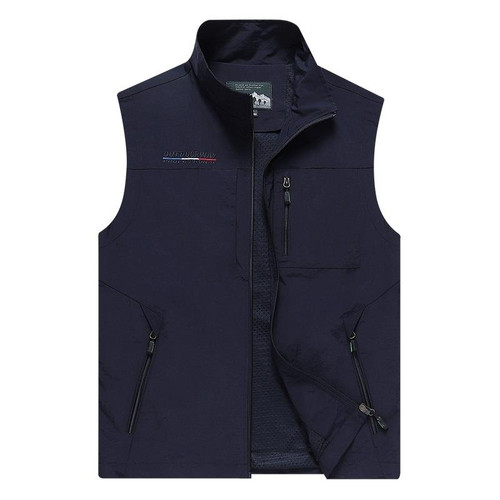 Men Sleeveless Stand Collar Loose Vest Multi-pockets Vest (Color:Dark Blue Size:XL)