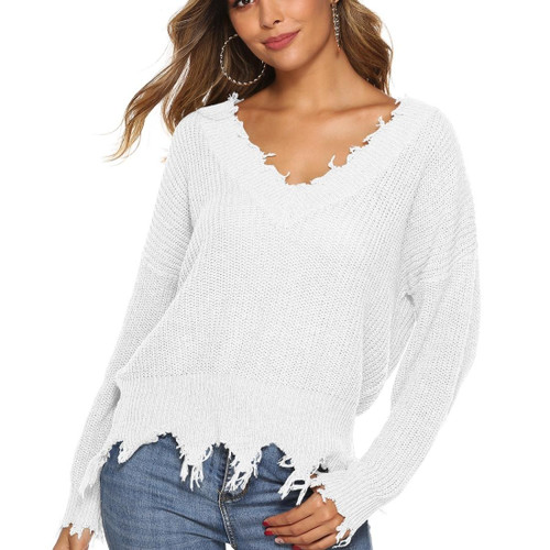Irregular Tassel Loose V-neck Sweater (Color:White Size:L) Irregular Tassel Loose V-neck Sweater (Color:White Size:L)