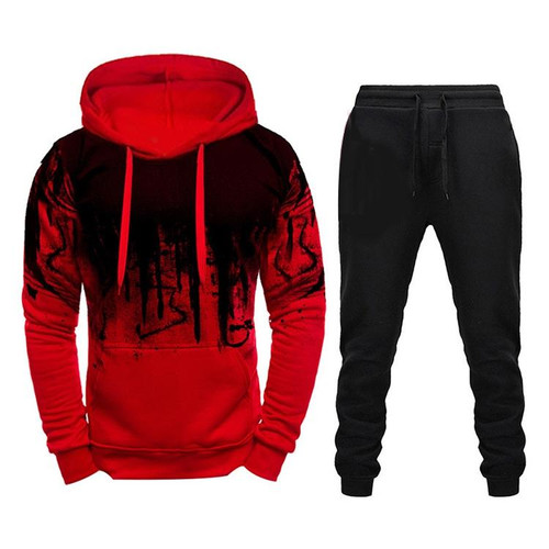 Men Loose Print Hoodie Sport Sweatshirt Set (Color:Red Size:L)