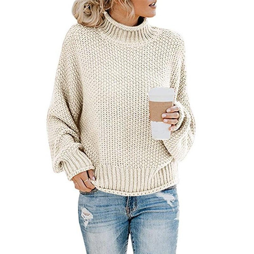 Fashion Thick Thread Turtleneck Knit Sweater (Color:Apricot Size:M)