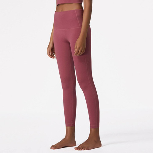 Double Sided Brocade Nude Sports Fitness Pants High Waist, Abdomen And Buttock Lifting Yoga Pants (Color:Dousha Red Size:L)