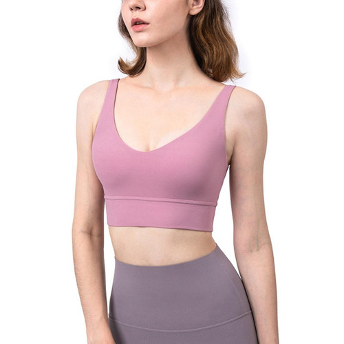 Charming Deep V Shockproof Gathered Fitness Yoga Underwear (Color:Pink Taupe Size:XL)