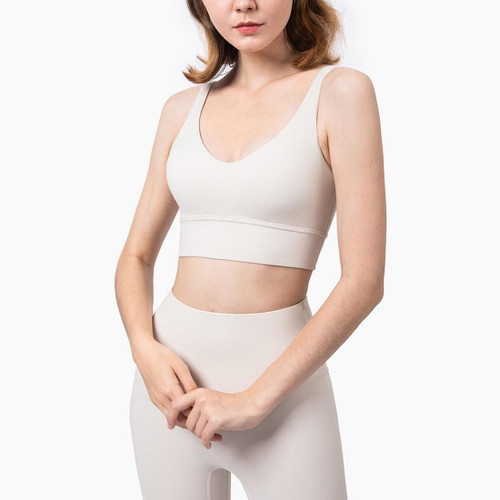 Charming Deep V Shockproof Gathered Fitness Yoga Underwear (Color:Light Ivory Size:L)