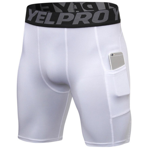 Sports Running Training Sweat Wicking Quick Drying Stretch Tight Shorts With Pocket (Color:White Size:S)
