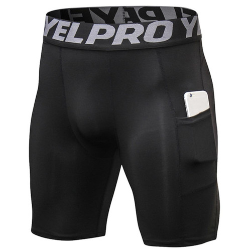 Sports Running Training Sweat Wicking Quick Drying Stretch Tight Shorts With Pocket (Color:Black Size:S)