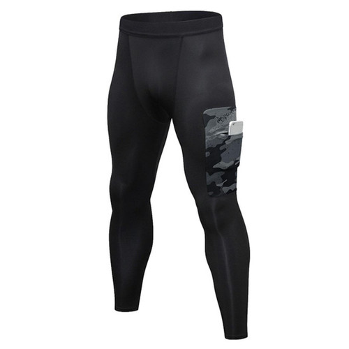 Camouflage Pocket Training Running Fast Dry High Elastic Sports Casual Tights (Color:Black Camouflage Grey Size:M)