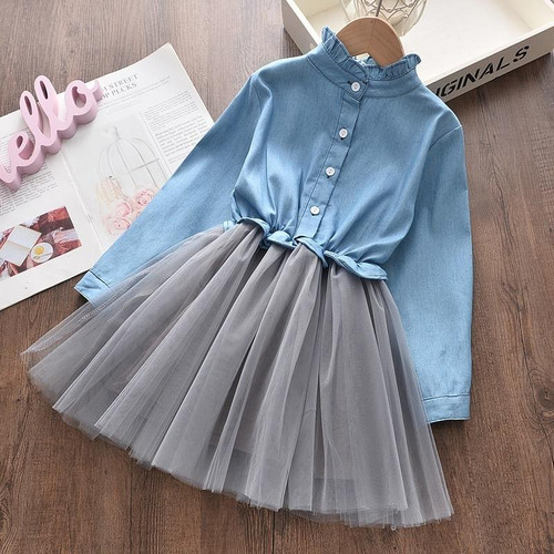 Girls Denim Jacket + Mesh Skirt Two Sets (Color:Light Blue Size:100)