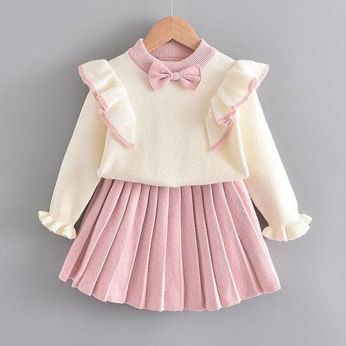Girls Flying Sleeve Knitted Sweater Suit (Color:Pink Size:100) Girls Flying Sleeve Knitted Sweater Suit (Color:Pink Size:100)
