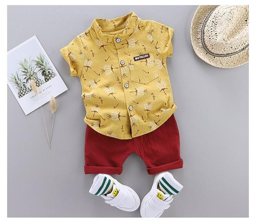 Summer Childrens Short-sleeved Suit Shirt Two-piece Suit (Color:Yellow Size:100)