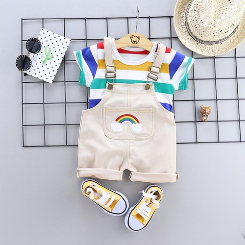 Summer Two-piece Baby Suspenders Suit Striped Short-sleeved Summer Dress (Color:Beige Size:80)