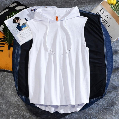 Casual Sleeveless T-shirt Hooded Vest Loose Cotton Waistcoat Sports Vest (Color:White Size:XXL)