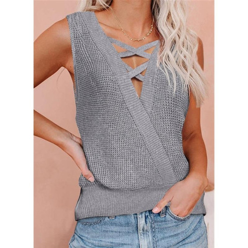 Solid Color Deep V-neck Backless Knitted Vest T-shirt for Ladies (Color:Grey Size:XXL)