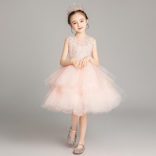 Sleeveless Short Lace Princess Dress Pettiskirt Performance Formal Dress for Girls (Color:Baby Pink Size:150cm)