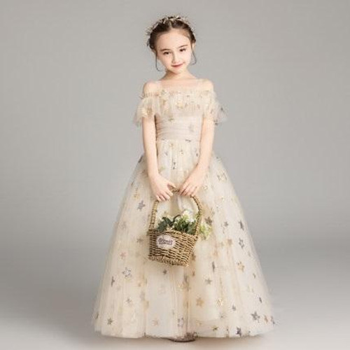 Long Five-pointed Star Pattern Lace Princess Dress Pettiskirt Performance Formal Dress for Girls (Color:Champagne Size:120cm)
