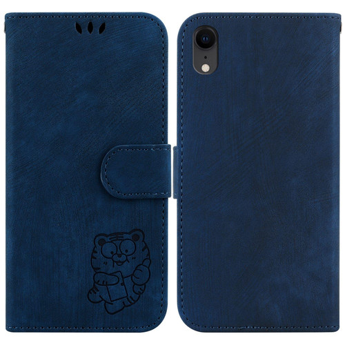 For iPhone XR Little Tiger Embossed Leather Phone Case(Dark Blue)