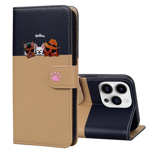 For iPhone 15 Pro Max Cute Pet Series Color Block Buckle Leather Phone Case(Khaki)