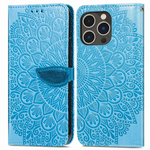 For iPhone 14 Pro Blooming Mandala Embossed Wings Buckle Leather Phone Case(Blue)