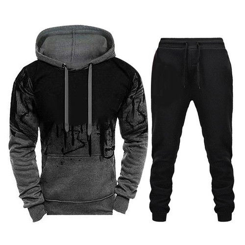Men Loose Print Hoodie Sport Sweatshirt Set (Color:Grey Size:XXL)
