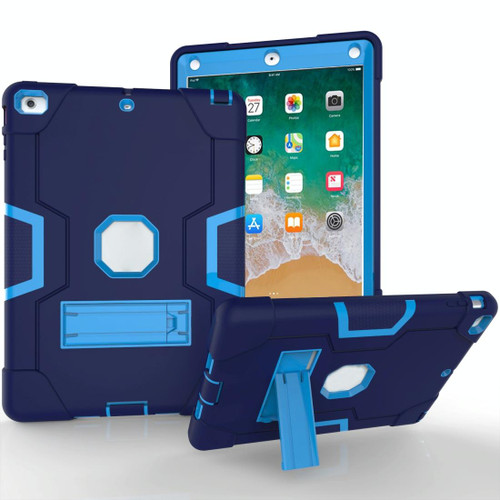 For iPad Air Contrast Color Silicone + PC Combination Case with Holder(Navy Blue + Blue)