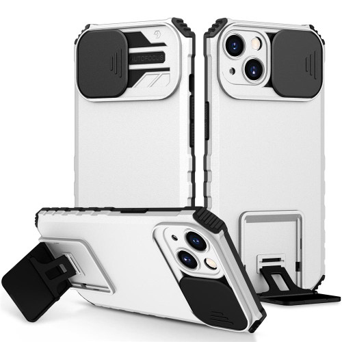 For iPhone 15 Plus Stereoscopic Holder Sliding Camshield Phone Case(White)