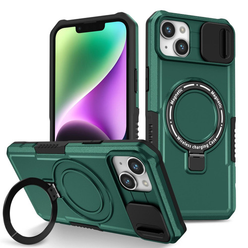 For iPhone 14 Sliding Camshield Magsafe Holder TPU Hybrid PC Phone Case(Deep Green)