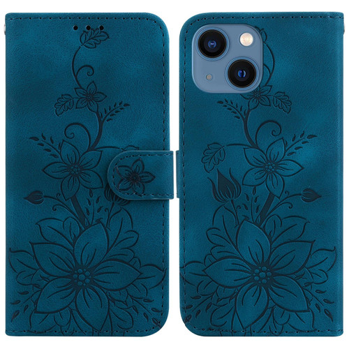 For iPhone 13 mini Lily Embossed Leather Phone Case(Dark Blue)