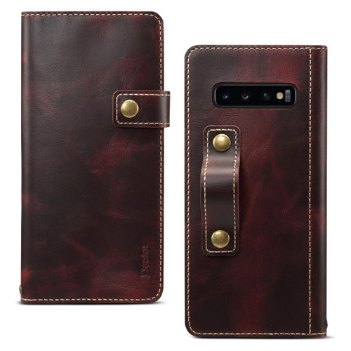 For Galaxy S10 Denior Oil Wax Cowhide DK Magnetic Button Horizontal Flip Leather Case with Holder & Card Slots & Wallet(Dark Red)