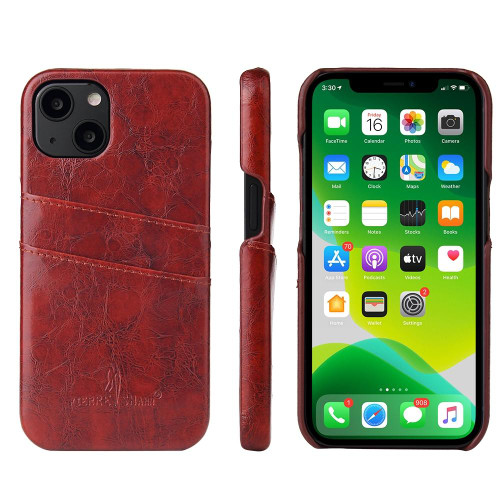 For iPhone 13 Fierre Shann Retro Oil Wax Texture PU Leather Case with Card Slots(Brown)