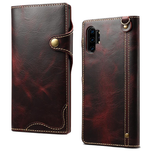For Galaxy Note 10 Plus Denior Oil Wax Cowhide Magnetic Button Horizontal Flip Leather Case with Card Slots & Wallet(Dark Red)