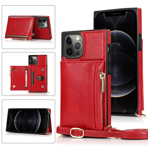 For iPhone 12 Pro Max Square Zipper Wallet Bag TPU+PU Back Cover Case with Holder & Card Slots & Wallet & Cross-body Strap(Red)