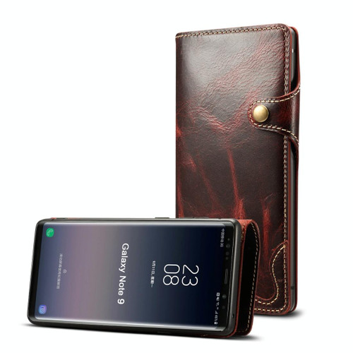 For Galaxy Note9 Denior Oil Wax Cowhide Magnetic Button Horizontal Flip Leather Case with Card Slots & Wallet(Dark Red)