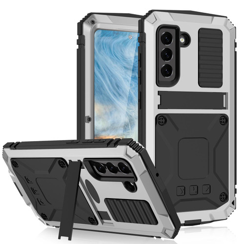 For Samsung Galaxy S21 FE R-JUST Shockproof Waterproof Dust-proof Metal + Silicone Protective Case with Holder(Silver)