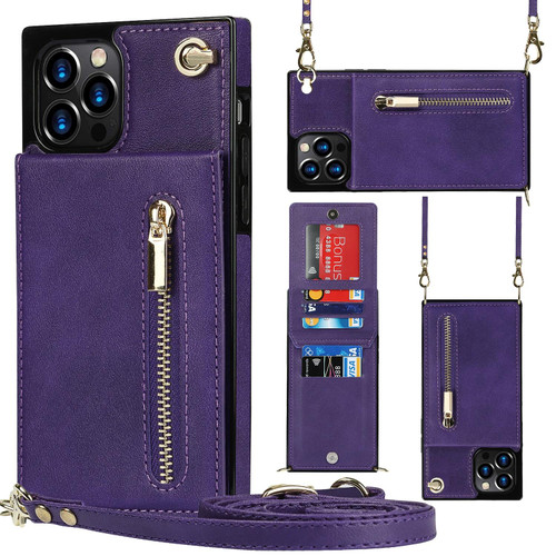 For iPhone 12 Pro Max Cross-body Zipper Square TPU+PU Back Cover Case with Holder & Card Slots & Wallet & Strap(Purple)