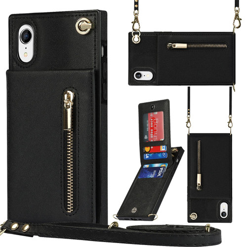 For iPhone XR Cross-body Zipper Square TPU+PU Back Cover Case with Holder & Card Slots & Wallet & Strap(Black)