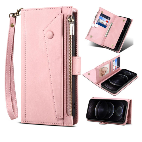 For iPhone 12 Pro Retro Frosted Horizontal Flip Leather Case with Holder & Card Slot & Wallet & Zipper Pocket & Lanyard(Rose Gold)