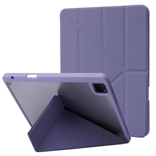 For iPad Pro 11 2022 / 2021 / 2020 / 2018 Deformation Transparent Acrylic Horizontal Flip PU Leather Tablet Case with Multi-folding Holder & Sleep / Wake-up Function & Pen Slot(Lavender Grey)