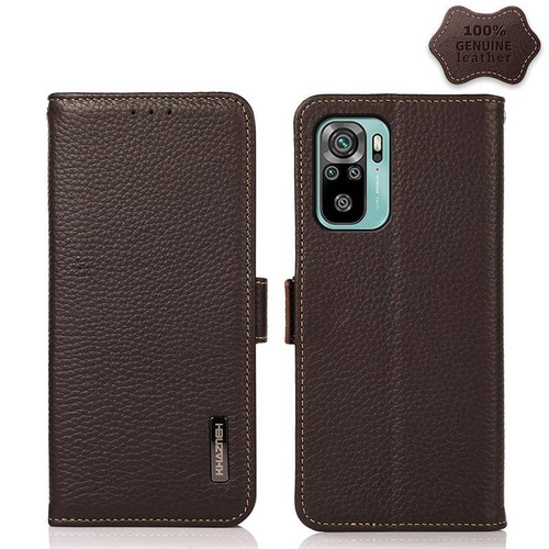 For Xiaomi Redmi Note 10 4G KHAZNEH Side-Magnetic Litchi Genuine Leather RFID Phone Case(Brown)