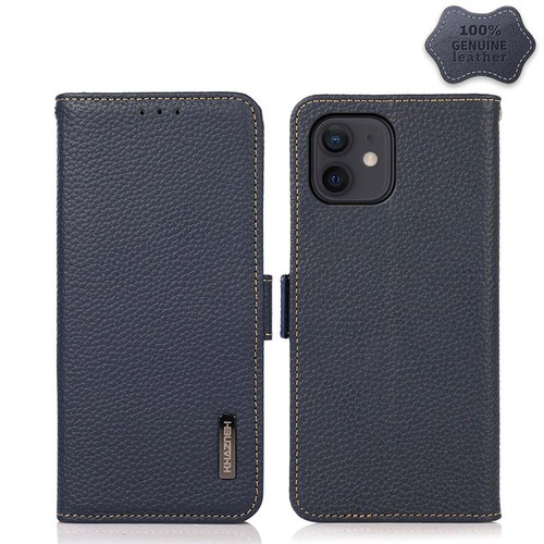 For iPhone 12 mini KHAZNEH Side-Magnetic Litchi Genuine Leather RFID Case (Blue)