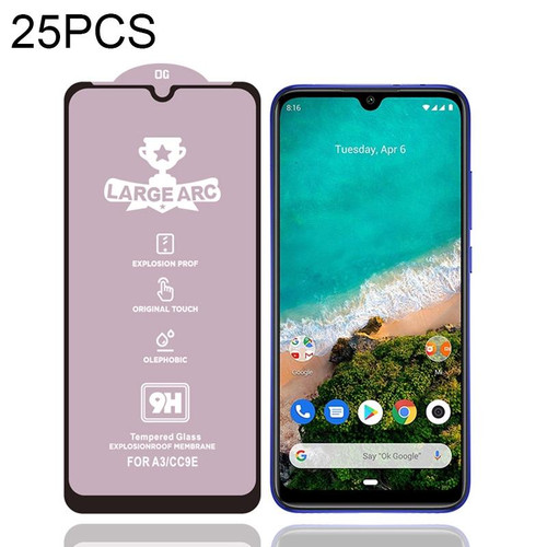 25 PCS 9H HD Large Arc High Alumina Full Screen Tempered Glass Film for Xiaomi Mi A3