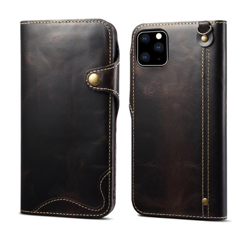 For iPhone 11 Pro Max Denior Oil Wax Cowhide Magnetic Button Horizontal Flip Leather Case with Card Slots & Wallet(Black)
