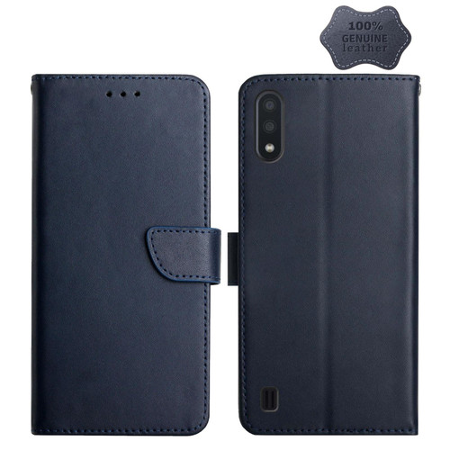 For Samsung Galaxy A01 Genuine Leather Fingerprint-proof Horizontal Flip Phone Case(Blue)