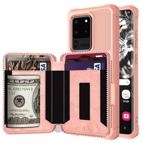 For Samsung Galaxy S20+ Zipper Wallet Card Bag PU Back Phone Case(Rose Gold)