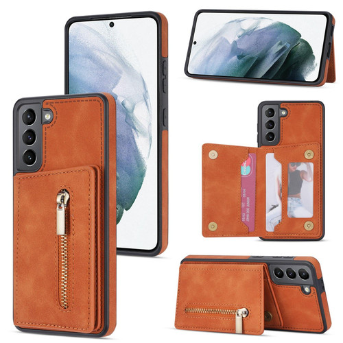 For Samsung Galaxy S21 FE 5G Zipper Card Holder Phone Case(Brown)