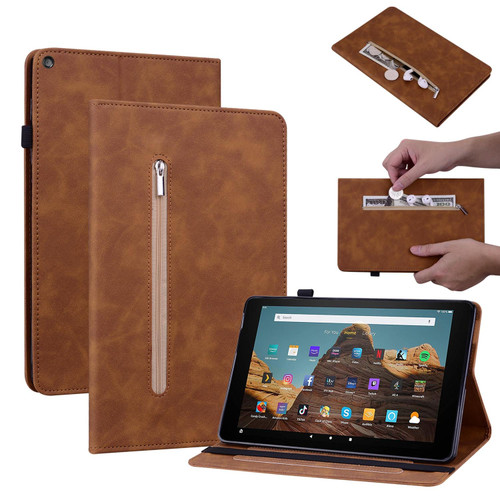 For Amazon Kindle HD 10 2019 / 2017 Skin Feel Solid Color Zipper Smart Leather Tablet Case(Brown)