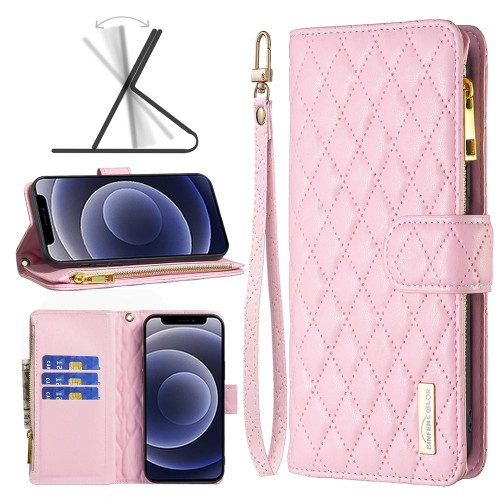 For iPhone 12 mini Diamond Lattice Zipper Wallet Leather Flip Phone Case (Pink)