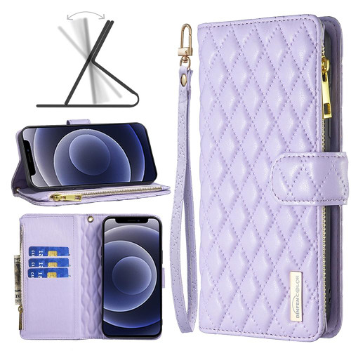 For iPhone 12 mini Diamond Lattice Zipper Wallet Leather Flip Phone Case (Purple)