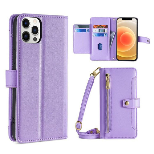 For iPhone 12 Pro Max Sheep Texture Cross-body Zipper Wallet Leather Phone Case(Purple)