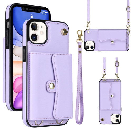 For iPhone 11 RFID Card Slot Phone Case with Long Lanyard(Purple)